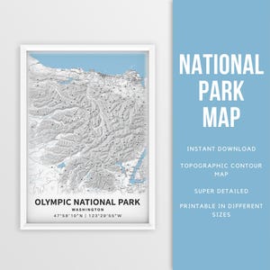 Carte imprimable du parc national olympique, affiche de la topographie de Washington - téléchargement immédiat \ carte des contours \ affiche de la carte \ cadeau pour les randonneurs \ carte des sentiers