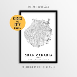 Póster con mapa topográfico de Gran Canaria, mapa de carreteras de España imprimible con nombres de ciudades (descarga digital)