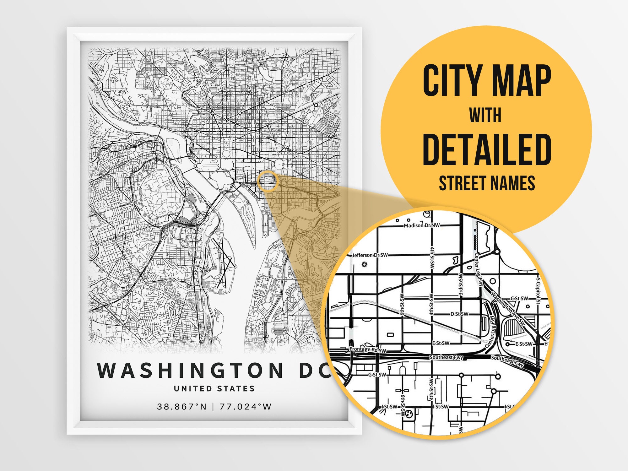 Washington DC Map Print United States with Street Names Etsy