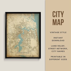 Afdrukbare vintage kaart van Jacksonville, Florida, Verenigde Staten - Instant Download \ Stratenplan \ Wall Art \ Kaart Poster \ Antiek \ Kaart afdrukken