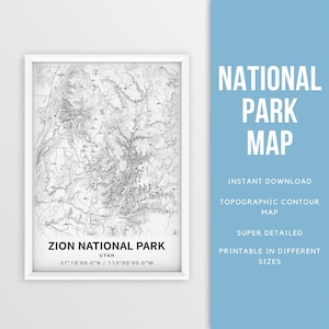 Carte imprimable du parc national de Zion, affiche de la topographie de Zion - téléchargement immédiat, carte des contours, affiche de la carte, art des randonneurs, voyage dans l'Utah, carte des sentiers