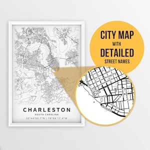 Mapa para impressão de Charleston, Carolina do Sul, EUA com nomes de ruas - download instantâneo \ Mapa da cidade \ Presente de viagem \ Cartaz da cidade \ Mapa de estradas