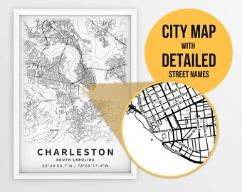 Printable Map of Charleston, South Carolina, USA with Street Names - Instant Download \ City Map \ Travel Gift \ City Poster \ Road Map