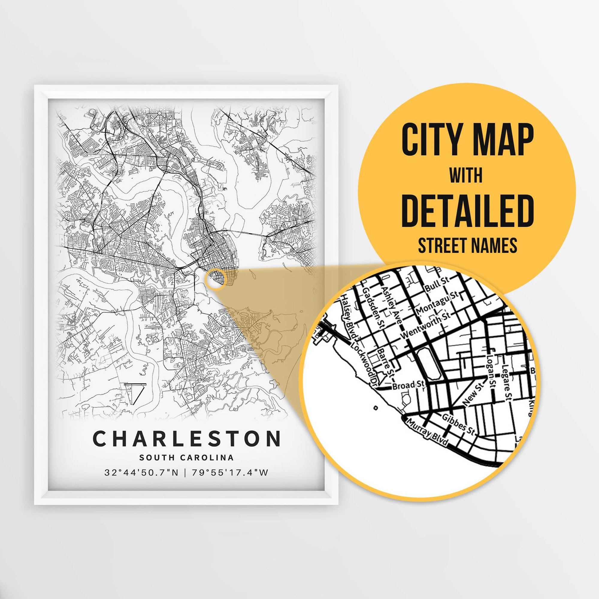 Printable Map of Charleston, South Carolina, USA with Street Names - Instant Download \ City Map \ Travel Gift \ City Poster \ Road Map