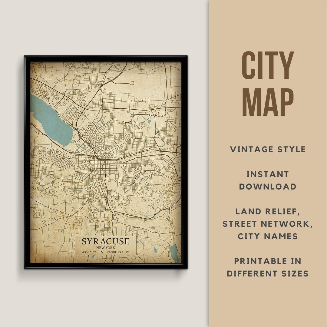 Printable Vintage Style Map of Syracuse, New York, USA Instant Download Street Map Wall Art Map ...