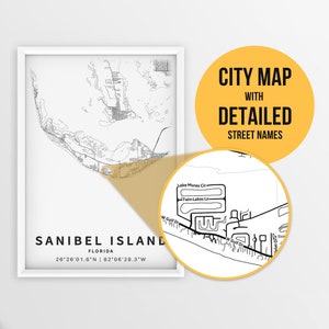 Afdrukbare kaart van Sanibel, Sanibel Island Florida, VS met straatnamen - Instant Download \ Stadsplattegrond \ Reiscadeau \ Stadsposter \ Routekaart