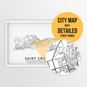 Mapa imprimível de Saint Croix, Ilhas Virgens dos Estados Unidos com nomes de ruas - Download instantâneo \ Mapa da cidade \ Presente de viagem \ Cartaz da cidade