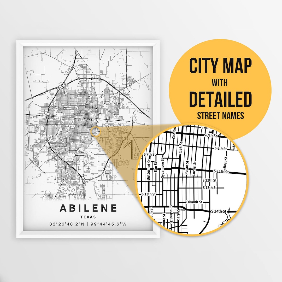 Printable Map of Abilene, Texas, USA With Street Names Instant