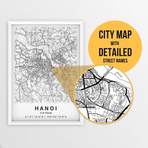 Druckbare Karte von Hanoi, Vietnam mit Straßennamen - Sofort Download \ City Map \ Travel Gift \ City Poster \ Road Map Print \ Wall Art