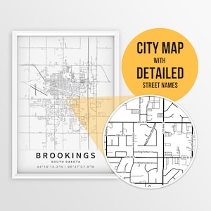 Carte imprimable de Brookings, Dakota du Sud, États-Unis avec les noms de rue - téléchargement immédiat \ plan de la ville \ cadeau de voyage \ affiche de la ville \ carte de l'État SD