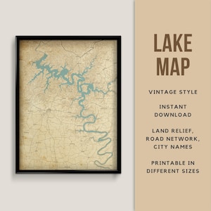 Mapa de estilo vintage imprimible de Center Hill Lake, Tennessee con nombres de ciudades - Descarga instantánea \ Antigüedad \ Rústico \ Estilo antiguo \ Lake House
