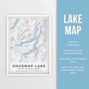 Mappa stampabile del lago Shuswap, Columbia Britannica, Canada - Download istantaneo \ Mappa del lago \ Poster della mappa \ Arredamento della casa sul lago \ Pesca \ Canottaggio