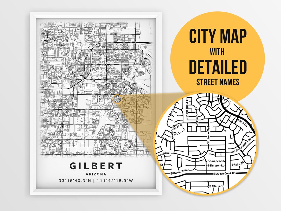 Printable Map of Gilbert Arizona AZ United States With Etsy