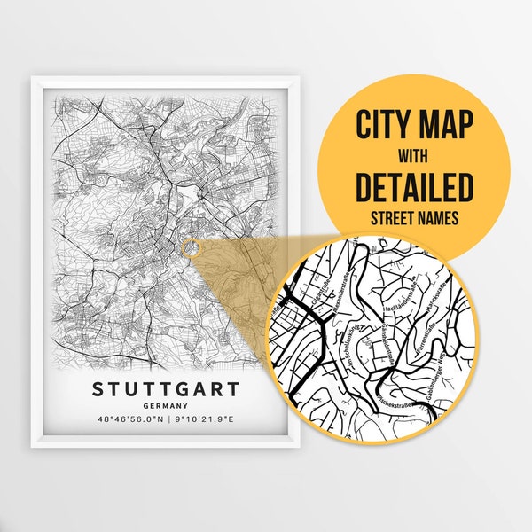 Printable Map of Stuttgart, Baden-Württemberg, Germany with Street Names - Instant Download \ City Map \ Travel Gift \ City Poster\ Road Map
