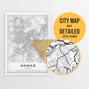 Mapa para impressão de Amã, Jordânia com nomes de ruas - Download instantâneo \ Mapa da cidade \ Arte de parede \ Cartaz de mapa