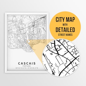 Printable Map of Cascais, Portugal with Street Names - Instant Download \ City Map \ Travel Gift \ City Poster \ Road Map Print \ Street Map