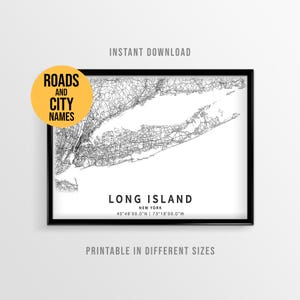 Poster con mappa di Long Island, New York, mappa stradale stampabile con nomi delle città (download immediato)