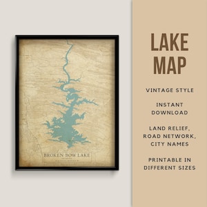 Mapa de estilo vintage de Broken Bow Lake, Oklahoma, EE. UU. con nombres de ciudades - Descarga instantánea \ Mapa del lago \ Arte de la pared \ Cartel imprimible \ Rústico