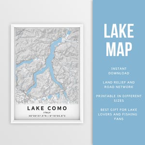 Mapa imprimible del lago de Como, Italia - Descarga instantánea \ Mapa del lago \ Póster del mapa \ Decoración de casas en el lago \ Vida en el lago \ Pesca \ Navegación
