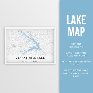 Mapa imprimible de Clarks Hill Lake, Georgia y Carolina del Sur, EE. UU. - Descarga instantánea \ Cartel del mapa \ Decoración de la casa del lago \ Pesca \ Paseos en bote