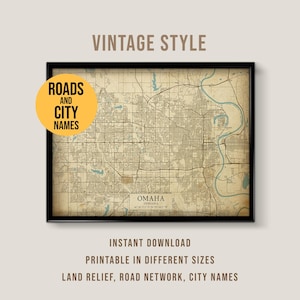 Mapa vintage de Omaha, Nebraska, póster imprimible de la ciudad (descarga instantánea)