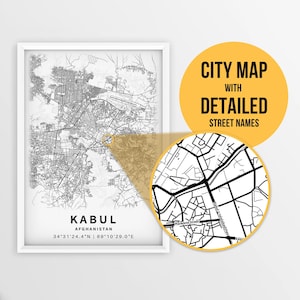 Druckbare Karte von Kabul, Afghanistan mit Straßennamen - Sofort Download \ City Map \ Travel Gift \ City Poster \ Road Map Print \ Wall Art