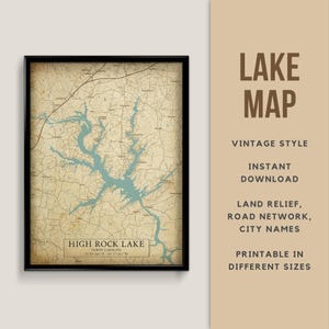 Carte de style vintage de High Rock Lake, Caroline du Nord, États-Unis avec les noms de villes - téléchargement immédiat \ carte du lac \ art mural \ impression de carte \ rivière Yadkin