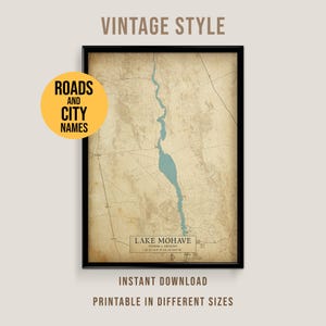 Vintage kaart van Lake Mohave met wegen en plaatsnamen, afdrukbare poster (direct downloaden)
