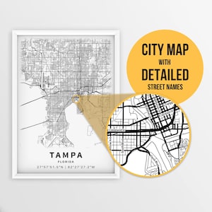 Afdrukbare kaart van Tampa, Florida, VS met straatnamen - Instant Download \ Stadsplattegrond \ Reiscadeau \ Stadsposter \ Routekaart afdrukken \ Muurkunst