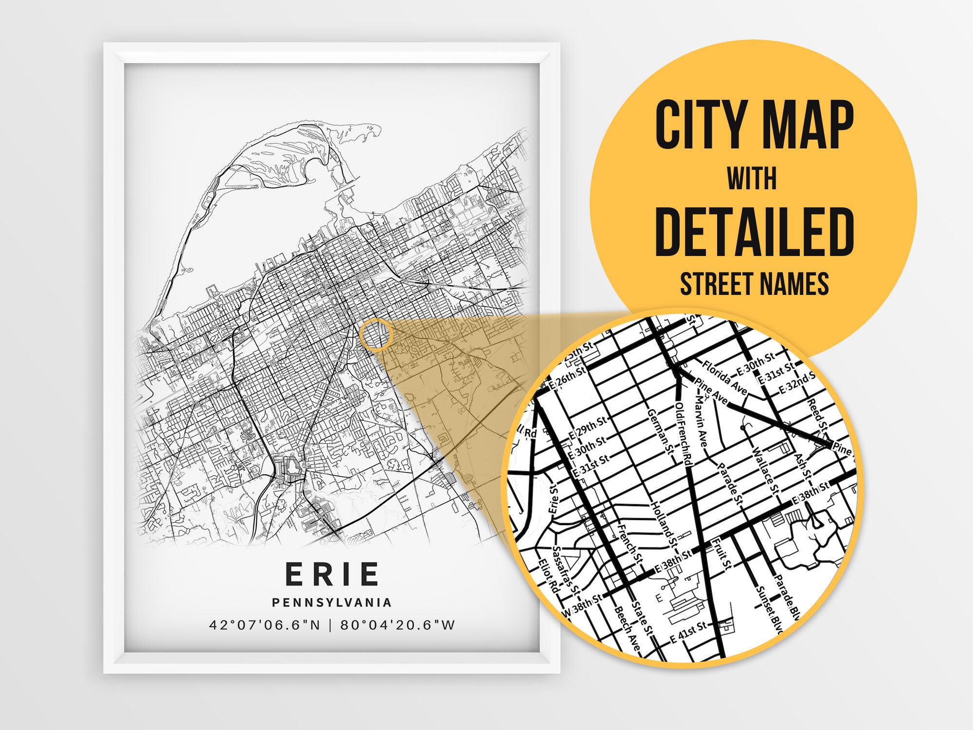 Printable Map of Erie Pennsylvania PA United States With - Etsy