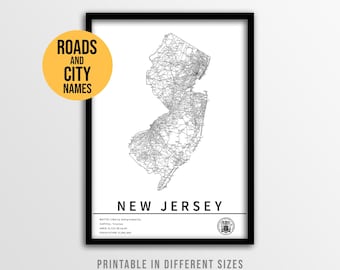 New Jersey Map Poster, Printable USA Road Map with City Names (Instant Download)