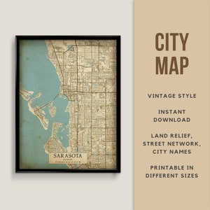 Afdrukbare kaart in vintage-stijl van Sarasota, Florida, VS - direct downloaden \ stratenplan \ kaartposter \ antieke \ kaart afdrukken \ cadeau Sarasota