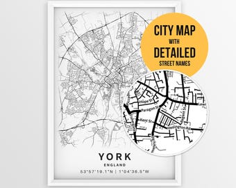 York England Map with Street Names, Printable York UK City Poster (Instant Download)