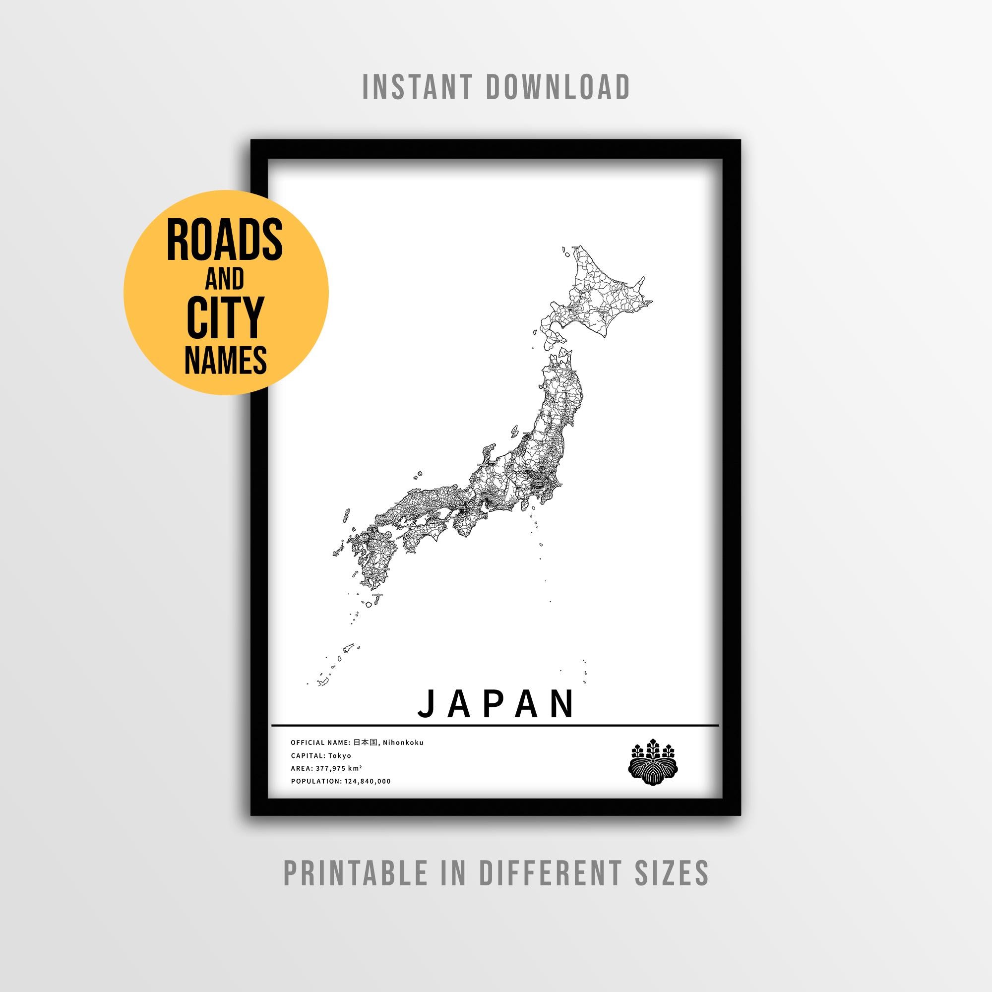 Japan Map Poster, Printable Japanese Islands Road Map With City