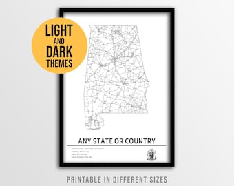 Póster con mapa personalizado del país, mapa de carreteras imprimible de cualquier región con nombres de ciudades (descarga instantánea)