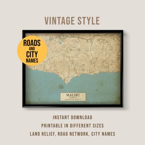 Mapa vintage de Malibú, California. Póster imprimible de la ciudad de Malibú (descarga instantánea).