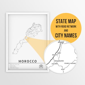 Carte imprimable du Maroc avec les noms des villes et des routes - Téléchargement immédiat \ Carte du pays \ Art de la carte \ Impression de carte \ Planificateur de voyage \ Casablanca