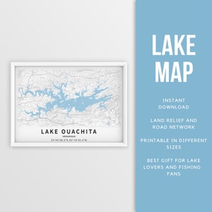 Mapa imprimible del lago Ouachita, Arkansas, EE. UU. - Descarga instantánea \ Mapa del lago \ Cartel del mapa \ Decoración de la casa del lago \ LakeLife \ Pesca \ Paseos en bote