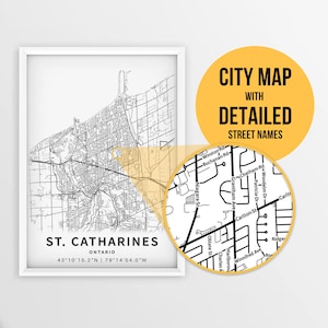 Carte imprimable de St. Catharines, Ontario, Canada avec noms de rues - Téléchargement instantané \ Plan de la ville \ Cadeau de voyage \ Affiche de la ville \ Carte routière