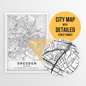 Mapa imprimible de Dresde, Alemania, con nombres de calles - Descarga instantánea | Mapa de la ciudad | Regalo de viaje | Póster de la ciudad | Impresión de mapa de carreteras | Arte mural