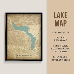 Afdrukbare vintage stijl kaart van Lake Cushman, Washington, Verenigde Staten - Instant Download \ Lake Map \ Wall Art \ Map Poster \ Lake Decor
