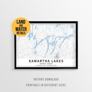 Mapa dos Lagos Kawartha, Canadá, pôster para imprimir e decorar sua casa de veraneio em Ontário (download instantâneo)