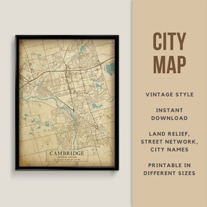 Carte de style vintage imprimable de Cambridge, Ontario, Canada - téléchargement immédiat \ plan des rues \ art mural \ affiche de carte \ style antique \ impression de carte