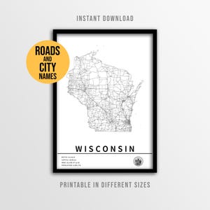 Póster del mapa del estado de Wisconsin, mapa de carreteras de EE. UU. imprimible con nombres de ciudades (descarga instantánea)