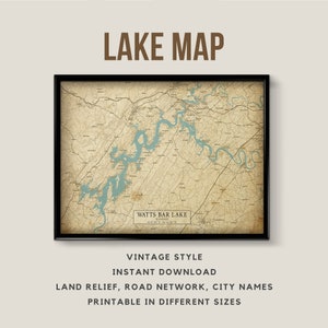 Mapa de estilo vintage imprimible Watts Bar Lake, Tennessee con nombres de ciudades - Descarga instantánea \ Antiguo \ Mapa rústico \ Impresión de mapas \ Lake House
