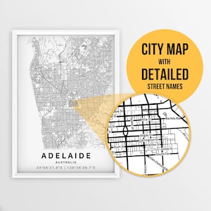 Karte von Adelaide, Australien mit Strassennamen zum Ausdrucken - Instant Download \ City Map "