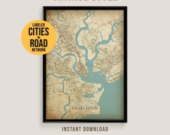 Charleston, South Carolina Vintage Style Map, Printable Charleston SC Poster (Instant Download)