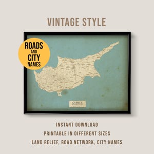 Póster vintage de Chipre, mapa imprimible con carreteras y nombres de ciudades (descarga instantánea)