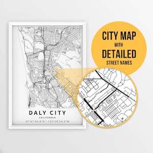 Mapa para impressão de Daly City, Califórnia, EUA com nomes de ruas - Download instantâneo \ Mapa da cidade \ Presente de viagem \ Cartaz da cidade \ Impressão de mapa de estradas