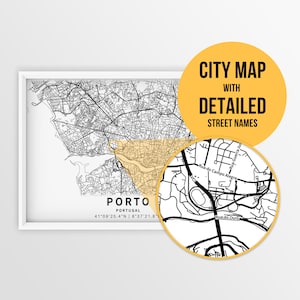 Printable Map of Porto, Portugal with Street Names - Instant Download \ City Map \ Travel Gift \ City Poster \ Road Map Print \ Street Map